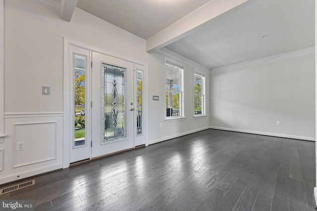 3419 Pocahontas Dr, Edgewater, MD 21037 - entryway featuring beam ceiling, visible vents, crown molding, and dark wood finished floors