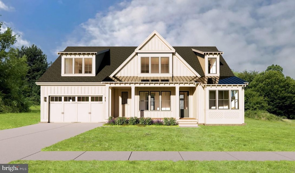 136 Paddock Way, Lewes, DE 19958 - modern farmhouse style home featuring board and batten siding, a standing seam roof, covered porch, driveway, and a front lawn