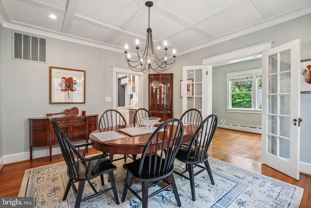 3213 Jocelyn St NW, Washington, DC 20015 - dining area featuring baseboard heating, coffered ceiling, a chandelier, french doors, and wood finished floors