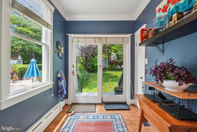 3213 Jocelyn St NW, Washington, DC 20015 - entryway with baseboard heating, light wood-style flooring, and ornamental molding