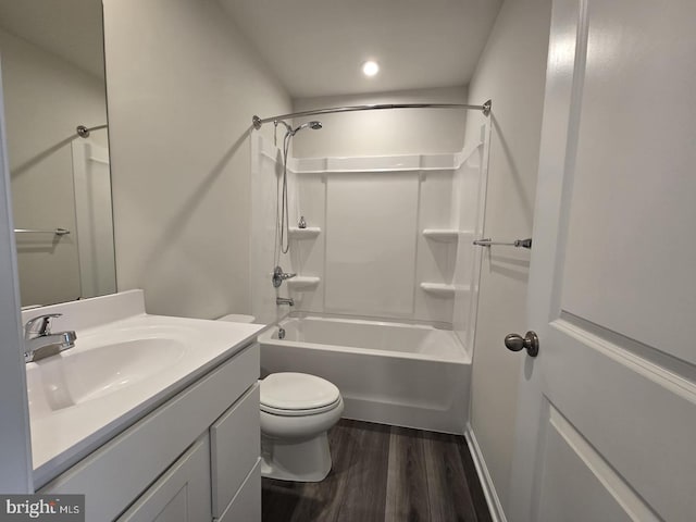full bath with vanity, toilet, recessed lighting, shower / bath combination, and wood finished floors