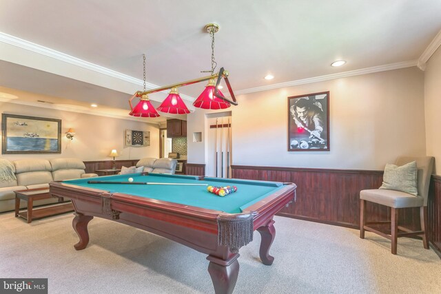 705 Hope Ln, Gaithersburg, MD 20878 - recreation room featuring billiards, crown molding, wainscoting, carpet floors, and recessed lighting