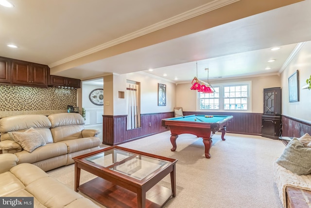 705 Hope Ln, Gaithersburg, MD 20878 - rec room with crown molding, wainscoting, pool table, and light colored carpet