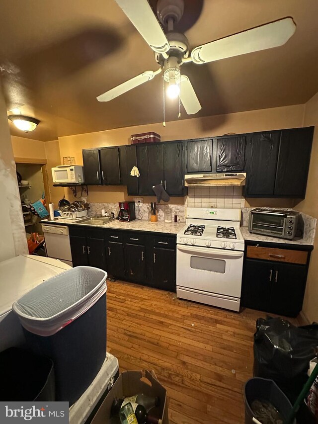 kitchen with wood-type flooring, a sink, white appliances, dark cabinetry, and a ceiling fan