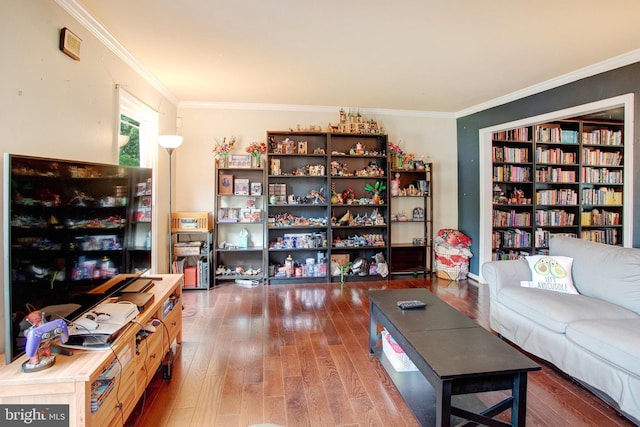 living area with wood finished floors and crown molding