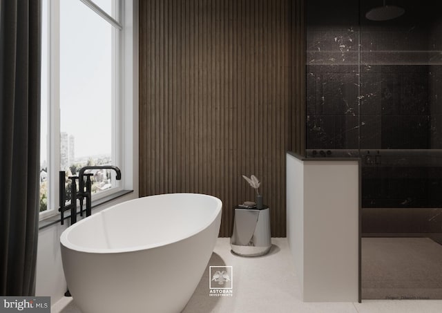 bathroom with a freestanding tub and a tile shower