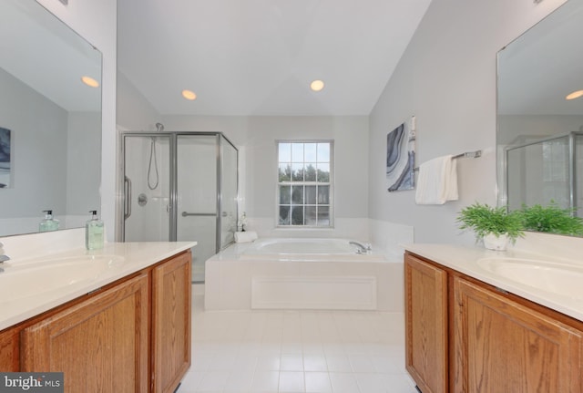 13434 Fairland Park Dr, Silver Spring, MD 20904 - bathroom featuring a stall shower, two vanities, a bath, tile patterned floors, and recessed lighting