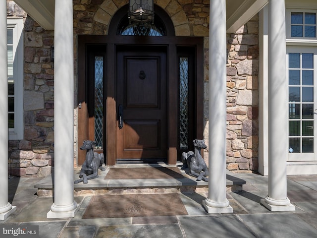 2727 Aquetong Rd, New Hope, PA 18938 - view of exterior entry with covered porch and stone siding