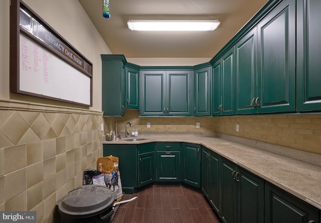2727 Aquetong Rd, New Hope, PA 18938 - kitchen with green cabinetry, a sink, dark wood-style flooring, and light countertops