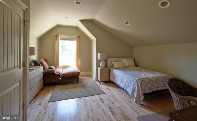 2727 Aquetong Rd, New Hope, PA 18938 - bedroom with lofted ceiling, light wood-type flooring, recessed lighting, and baseboards