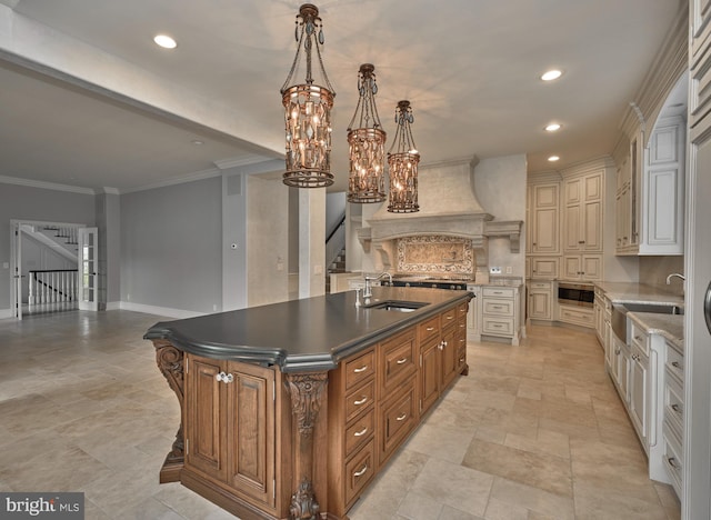 2727 Aquetong Rd, New Hope, PA 18938 - kitchen featuring brown cabinetry, a kitchen island with sink, custom range hood, and a sink