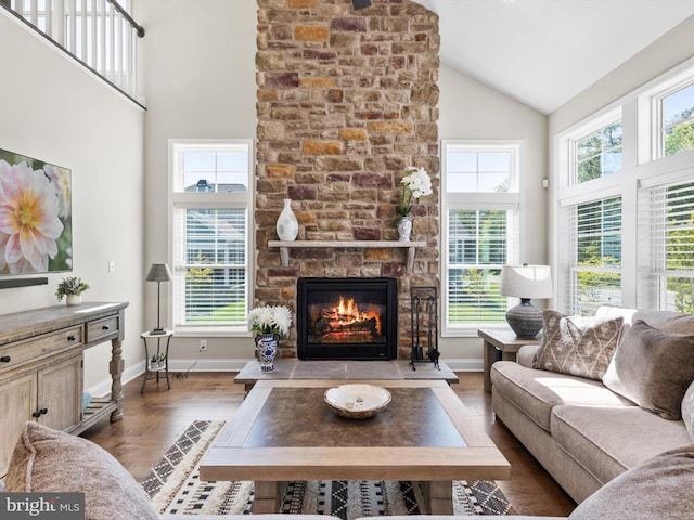 32953 Shadeland Ave, Millsboro, DE 19966 - living area featuring plenty of natural light, a fireplace, wood finished floors, and high vaulted ceiling