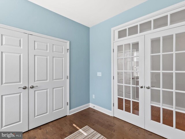 32953 Shadeland Ave, Millsboro, DE 19966 - doorway to outside with dark wood-style flooring, baseboards, and french doors