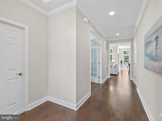 32953 Shadeland Ave, Millsboro, DE 19966 - hall featuring crown molding, recessed lighting, baseboards, and dark wood-type flooring