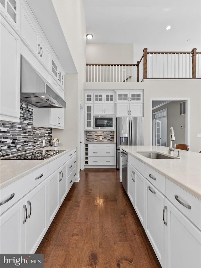32953 Shadeland Ave, Millsboro, DE 19966 - kitchen with a sink, appliances with stainless steel finishes, range hood, and white cabinetry