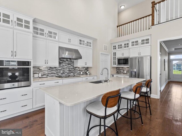 32953 Shadeland Ave, Millsboro, DE 19966 - kitchen with decorative backsplash, a sink, dark wood-style floors, stainless steel appliances, and wall chimney exhaust hood