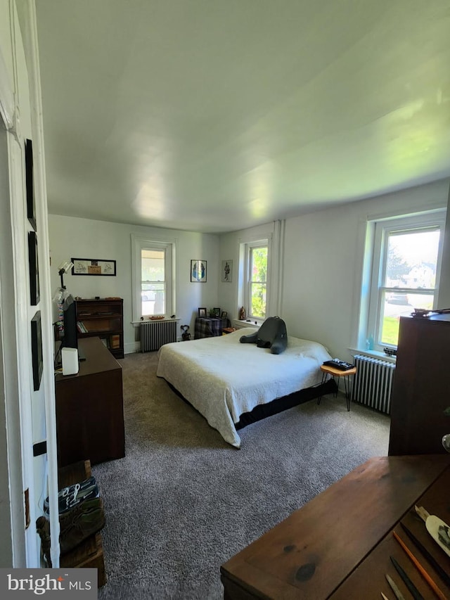 bedroom featuring carpet and radiator