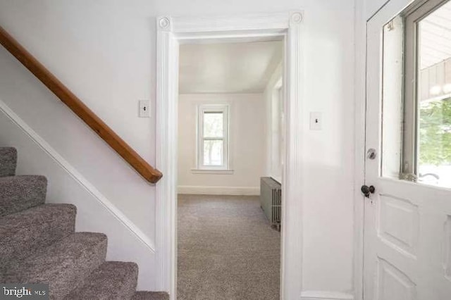 stairway featuring carpet flooring, baseboards, and radiator