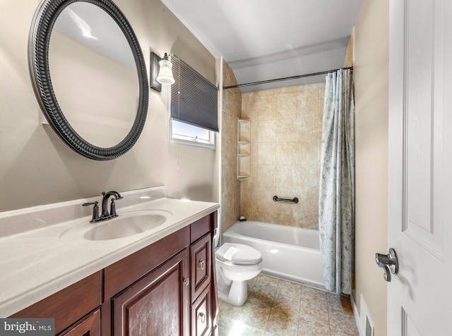 full bath featuring vanity, shower / tub combo, and toilet