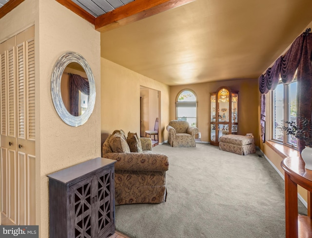 living area with carpet and beam ceiling