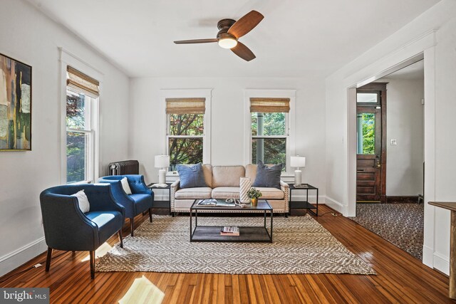 living room featuring wood-type flooring, a ceiling fan, and baseboards