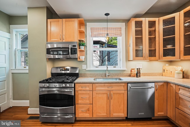 kitchen featuring dark wood-style flooring, light stone countertops, a sink, stainless steel appliances, and glass insert cabinets