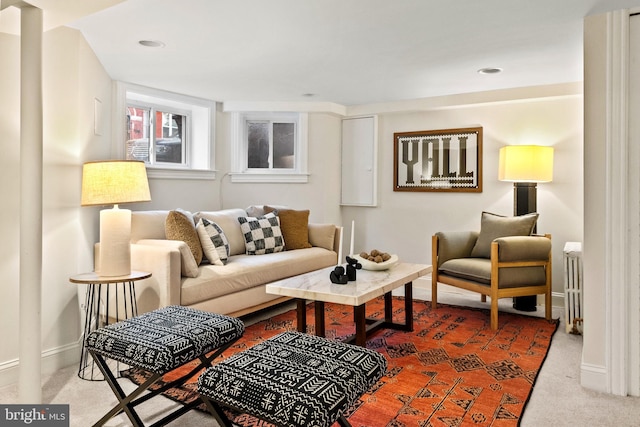 119 Seaton Pl NW, Washington, DC 20001 - living room with radiator, carpet flooring, baseboards, and recessed lighting