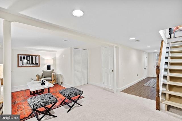 119 Seaton Pl NW, Washington, DC 20001 - interior space with stairs, radiator, baseboards, carpet flooring, and recessed lighting