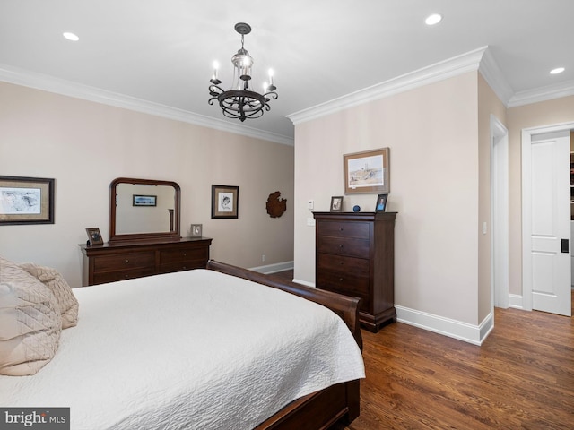 bedroom with crown molding, baseboards, a chandelier, and dark wood finished floors