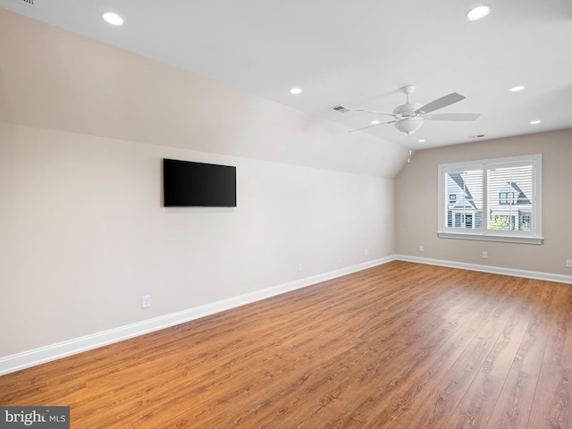 bonus room featuring visible vents, baseboards, light wood-type flooring, recessed lighting, and a ceiling fan