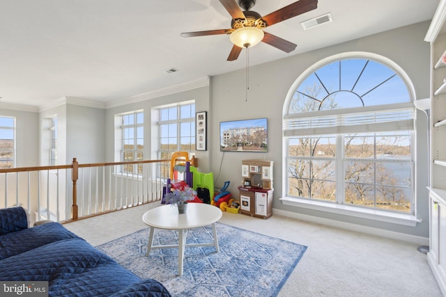 820 Belmont Bay Dr Unit 405, Woodbridge, VA 22191 - living room with visible vents, crown molding, baseboards, carpet flooring, and ceiling fan