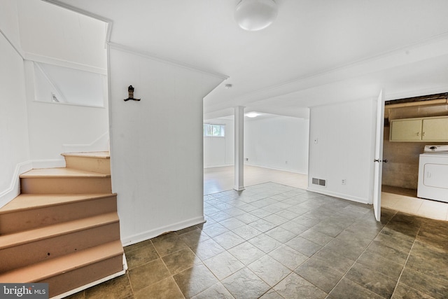 10019 Greenock Rd, Silver Spring, MD 20901 - interior space featuring washer / clothes dryer, stairway, baseboards, and crown molding