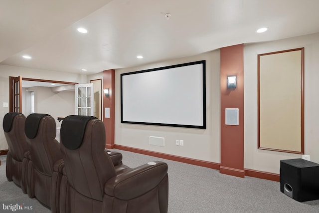 carpeted home theater with baseboards and recessed lighting