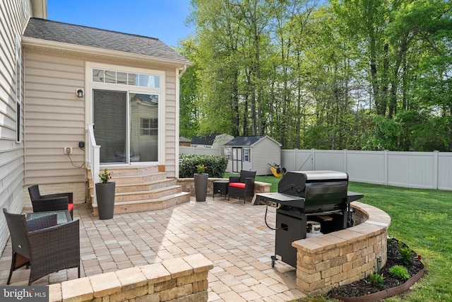 view of patio / terrace with a fenced backyard, area for grilling, entry steps, a storage shed, and an outbuilding