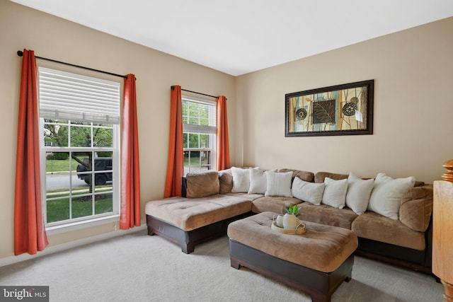 living area with baseboards and carpet