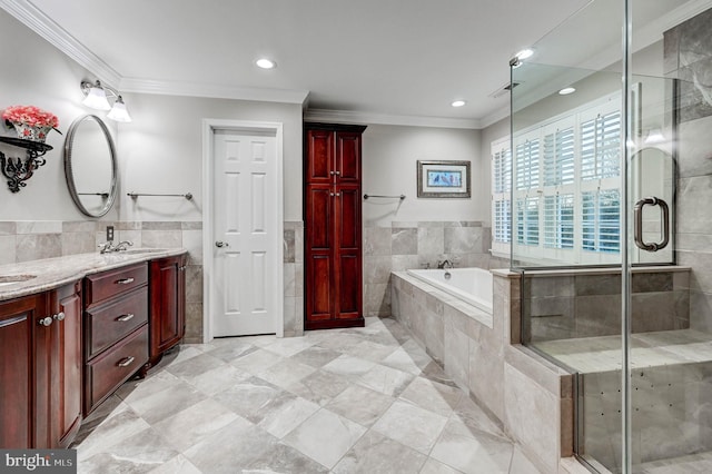 14712 Manor Rd, Phoenix, MD 21131 - bathroom featuring vanity, tile walls, a bath, a shower stall, and ornamental molding