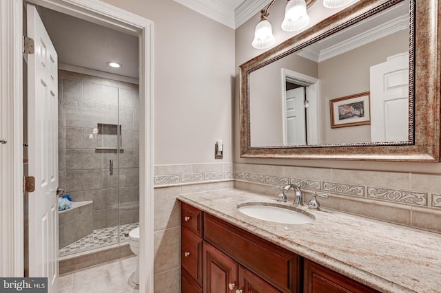 14712 Manor Rd, Phoenix, MD 21131 - full bathroom featuring toilet, vanity, a stall shower, crown molding, and tile patterned floors