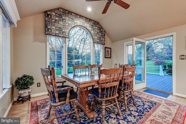 14712 Manor Rd, Phoenix, MD 21131 - dining space with vaulted ceiling, wood finished floors, a ceiling fan, baseboards, and recessed lighting