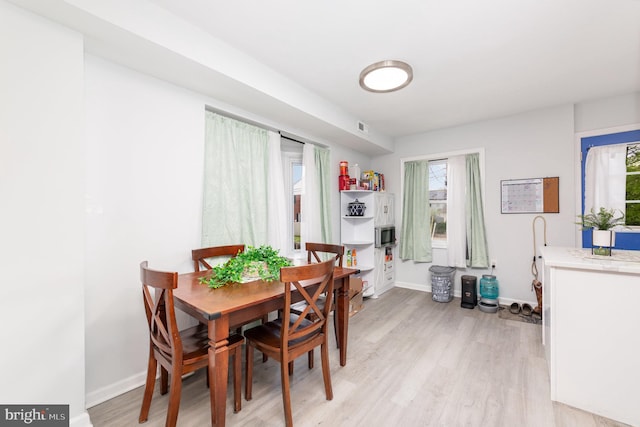dining room with baseboards, visible vents, and light wood finished floors
