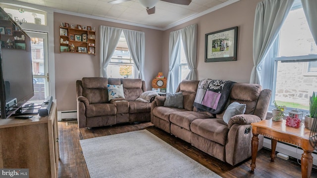 718 Walnut St, Royersford, PA 19468 - living room featuring ornamental molding, a baseboard heating unit, wood finished floors, ceiling fan, and a baseboard radiator