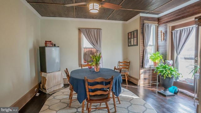 718 Walnut St, Royersford, PA 19468 - dining area with plenty of natural light, wood finished floors, wooden ceiling, ceiling fan, and baseboards