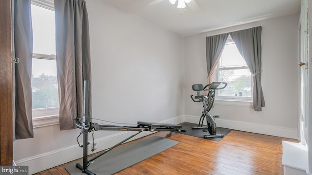 718 Walnut St, Royersford, PA 19468 - workout area featuring baseboards, a ceiling fan, healthy amount of natural light, and wood finished floors