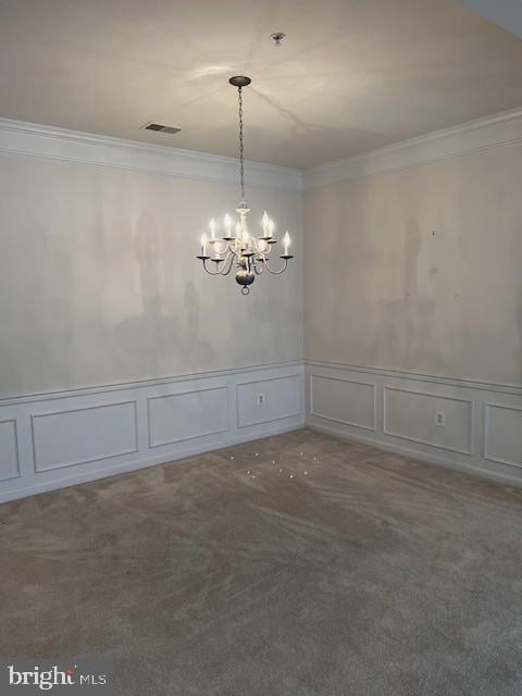 1402 Joppa Forest Dr Unit 12, Joppa, MD 21085 - carpeted spare room featuring crown molding, a decorative wall, a chandelier, and visible vents