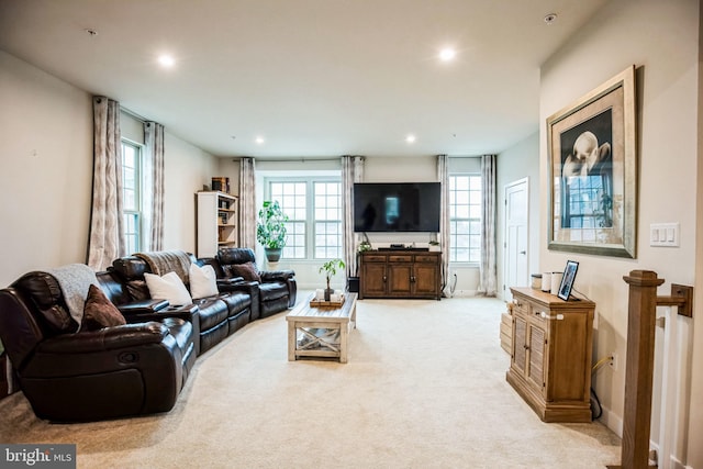 9008 Waller Tree Way, Upper Marlboro, MD 20772 - living room featuring baseboards, recessed lighting, light colored carpet, and plenty of natural light