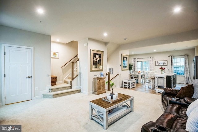 9008 Waller Tree Way, Upper Marlboro, MD 20772 - living area featuring recessed lighting, stairway, carpet, and baseboards