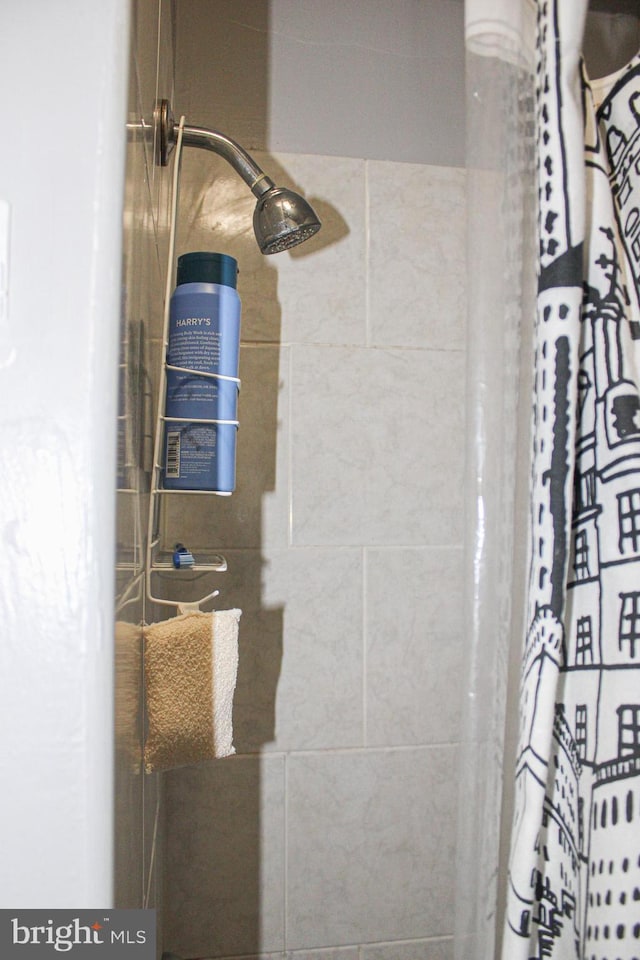 interior details featuring a shower with shower curtain