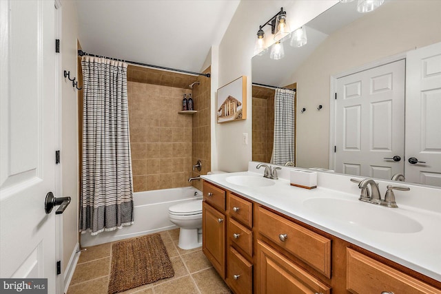 full bath with double vanity, tile patterned floors, a sink, and shower / tub combo with curtain