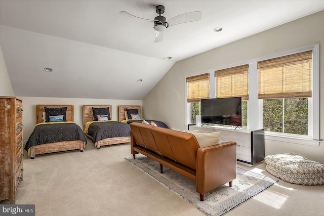 bedroom featuring visible vents, lofted ceiling, light colored carpet, recessed lighting, and a ceiling fan