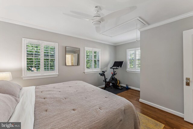 bedroom with crown molding, baseboards, attic access, ceiling fan, and dark wood-type flooring