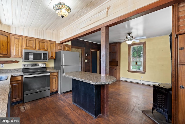 kitchen featuring brown cabinetry, a wood stove, dark wood-style floors, a baseboard radiator, and stainless steel appliances